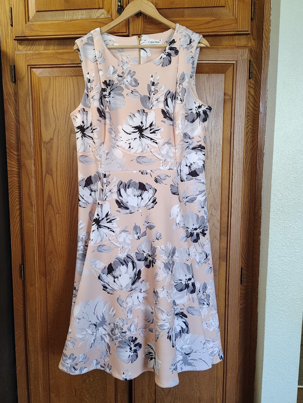 Calvin Klein Peach Floral Sleeveless Midi A-Line Dress Pockets Gold Zip Sz 16